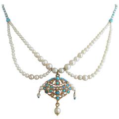 Graduated Pearl and Turquoise Bead Bridal Necklace with Gold Pendant