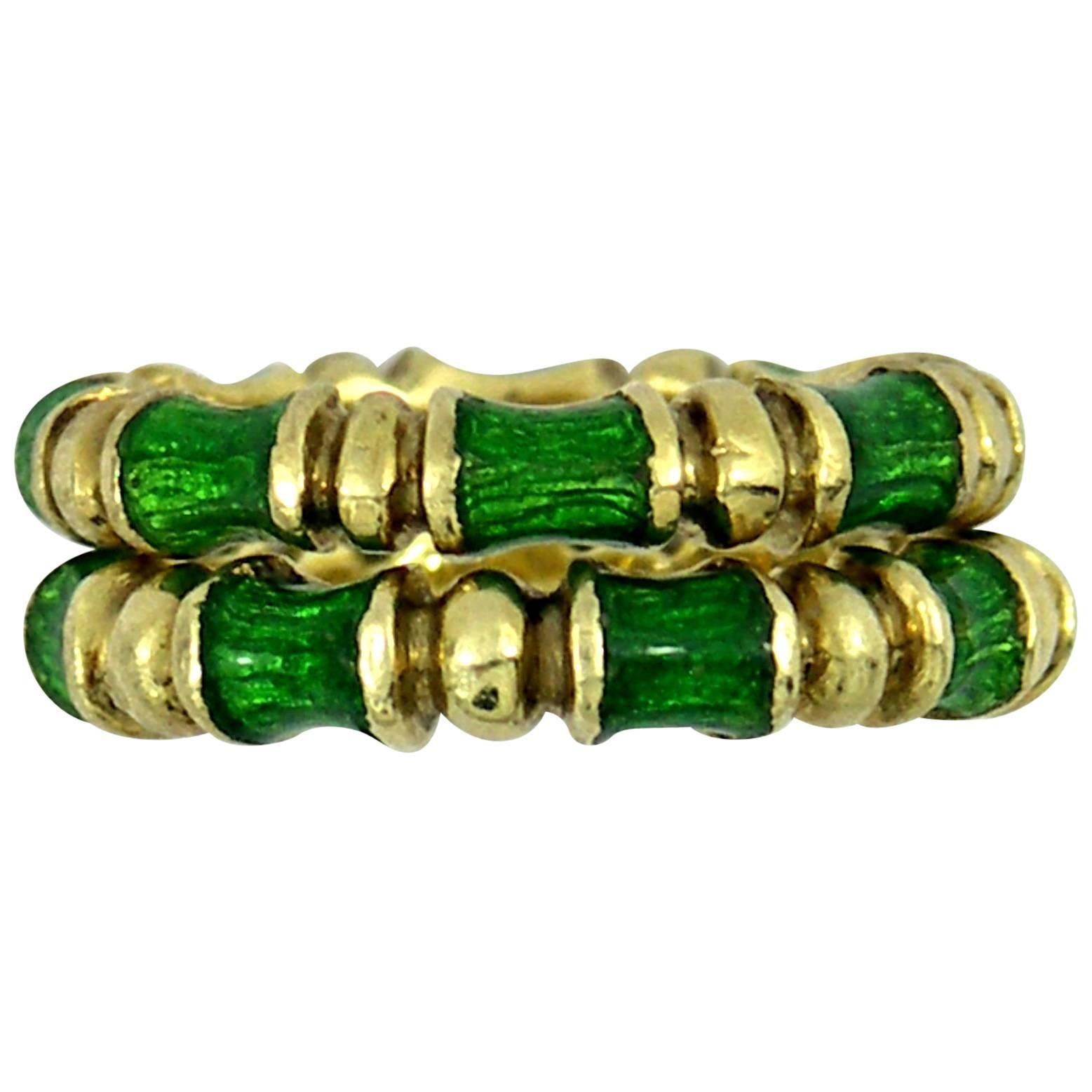 Matched Pair Martine Green Enameled Gold Band Rings