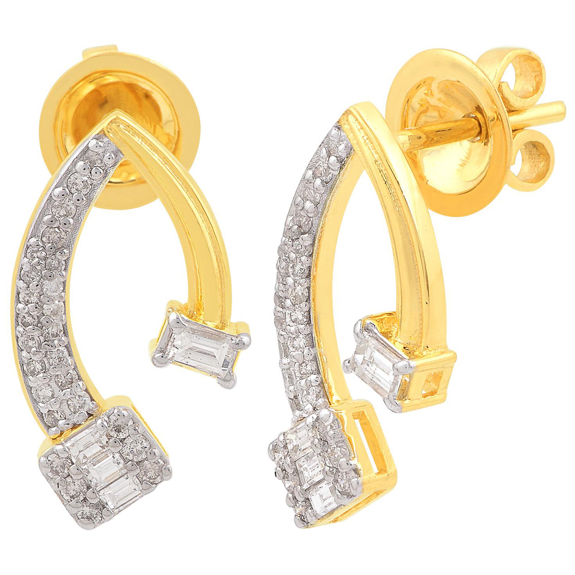 0.58 Carat SI Clarity HI Color Baguette Diamond Earrings 18 Karat Yellow Gold For Sale