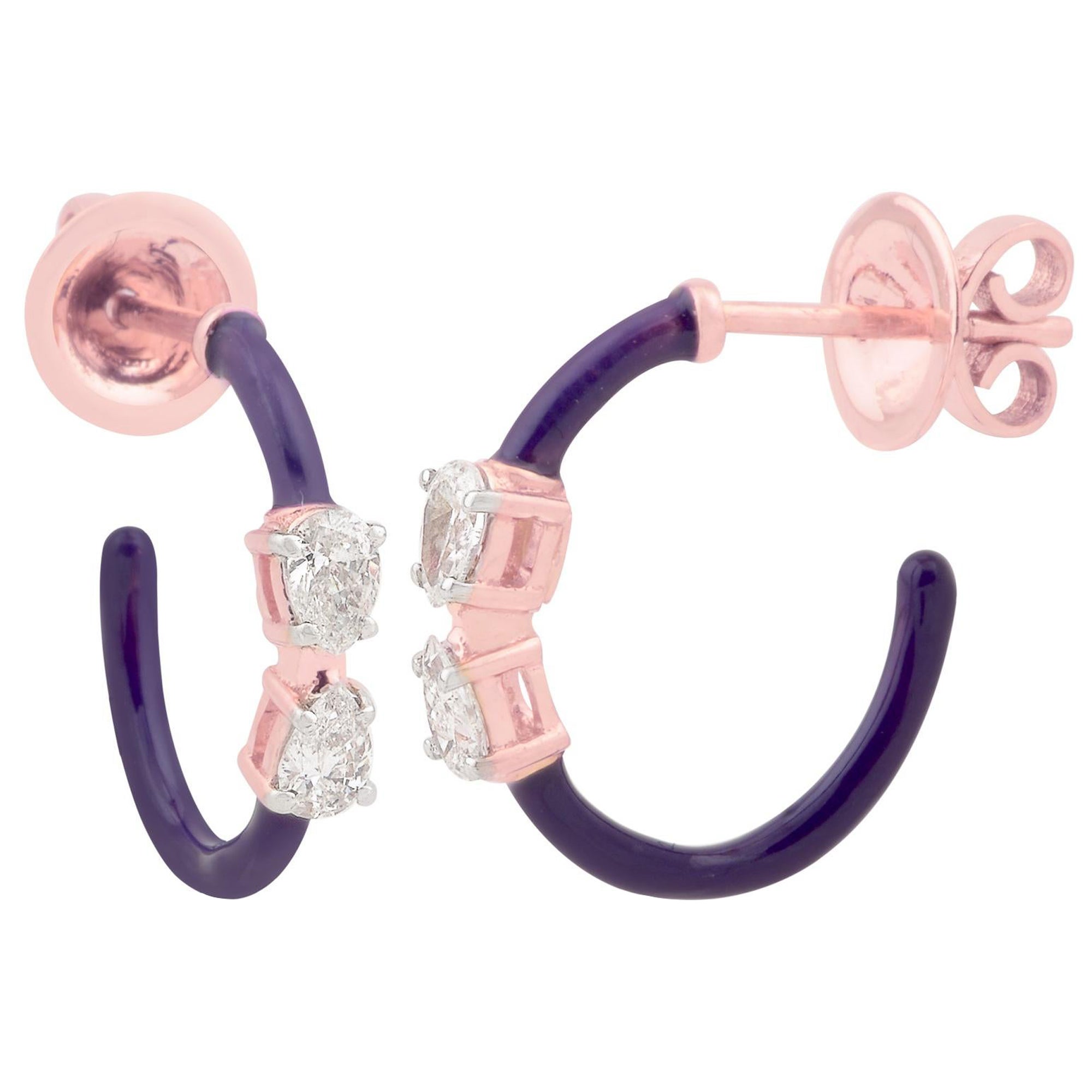 SI/HI Pear Shape Diamond Purple Enamel Hoop Earrings 18 Karat Rose Gold Jewelry