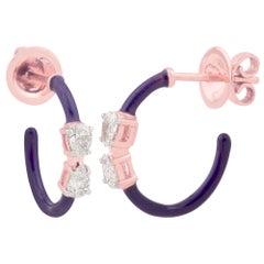 SI/HI Pear Shape Diamond Purple Enamel Hoop Earrings 18 Karat Rose Gold Jewelry