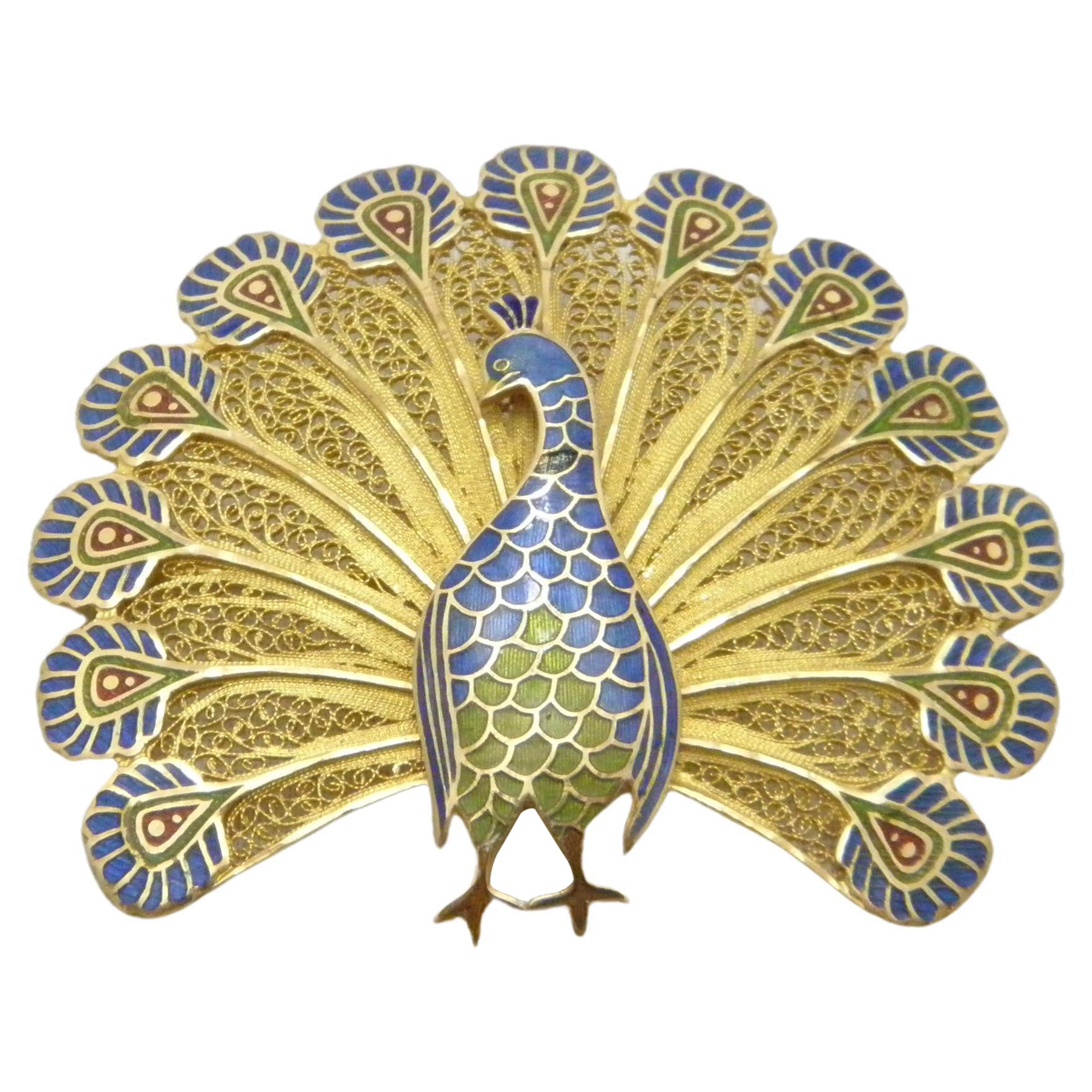 Vintage 14ct Gold Huge Peacock Brooch Pin c1970 Heavy 15.9g 585 Purity Portugal For Sale