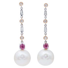 South-Sea Pearls, Rubies, Diamonds, 14 Kt White and Rose Gold Dangle Earrings