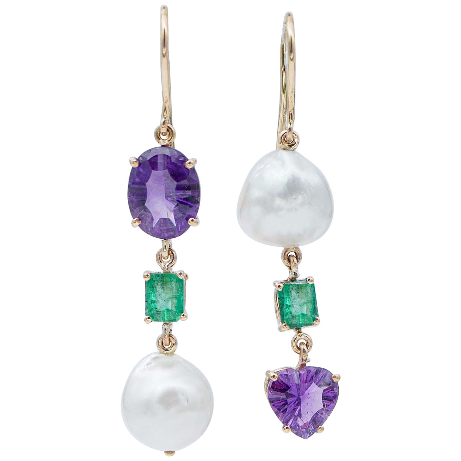 Emeralds, Amethysts, Baroque Pearls, 14 Karat Rose Gold Dangle Earrings For Sale