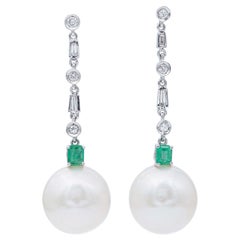 South-Sea Pearls, Emeralds, Diamonds, 14 Karat White Gold Earrings
