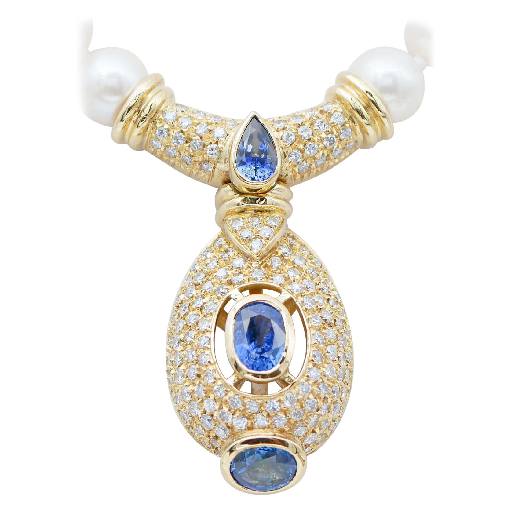 Sapphires, Pearls, Diamonds, 18 Karat Yellow Gold Necklace.