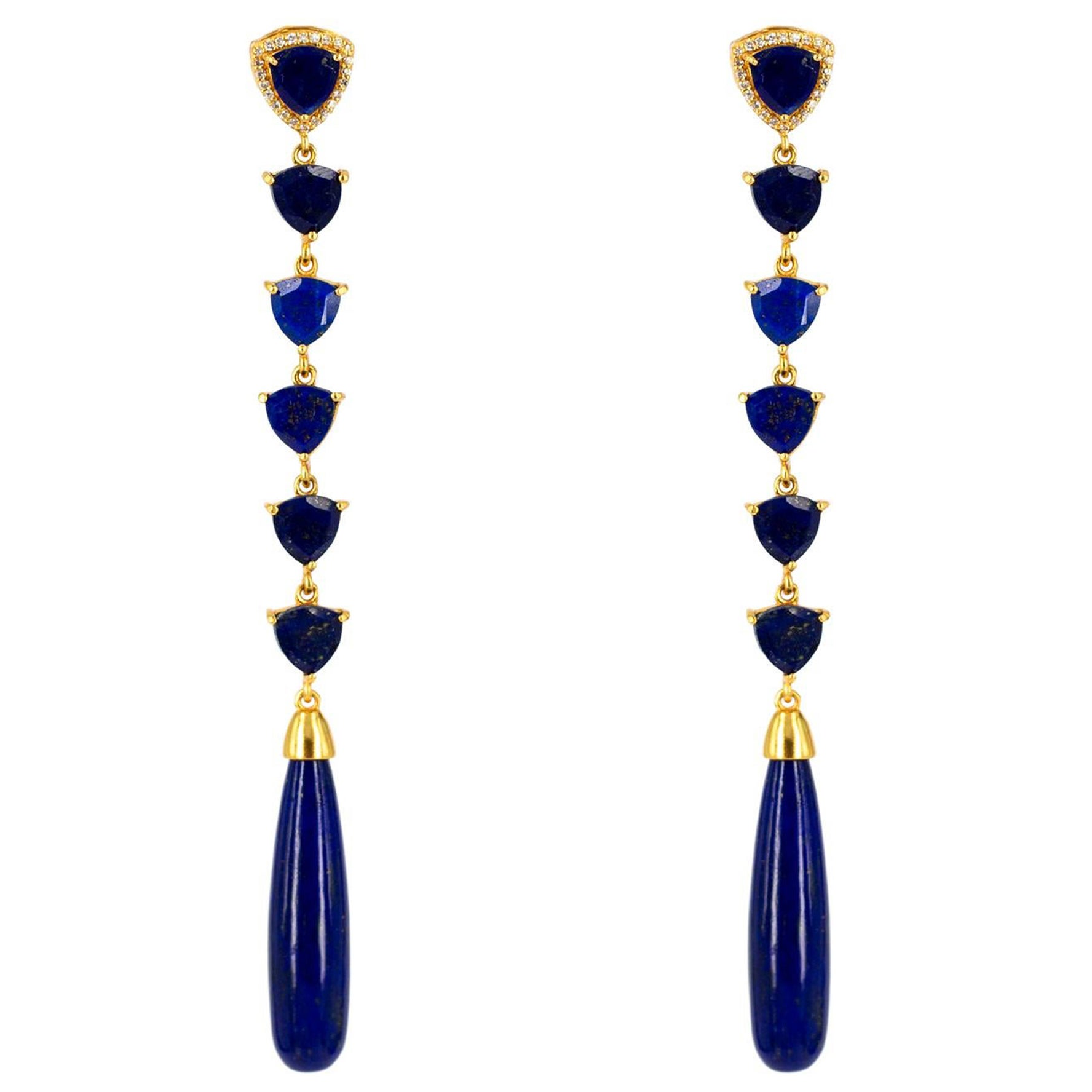 9K Yellow Gold Lapis Lazuli and Diamond Statement Drop Stud Earrings For Sale