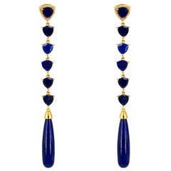 9K Yellow Gold Lapis Lazuli and Diamond Statement Drop Stud Earrings