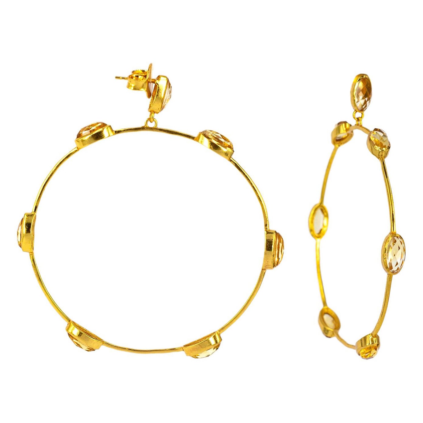 9K Yellow Gold Citrine Statement Hoop Earrings With Butterfly Back