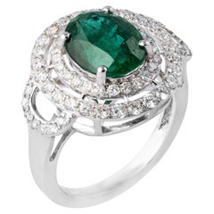 3.36 Carats Natural Zambian Emerald Ring with 1.01 Carats Diamonds and 14k Gold