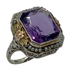 Vintage Victorian Siberian Amethyst Pearl Halo Ring 14 Karat Gold Flower Filigree, 1900