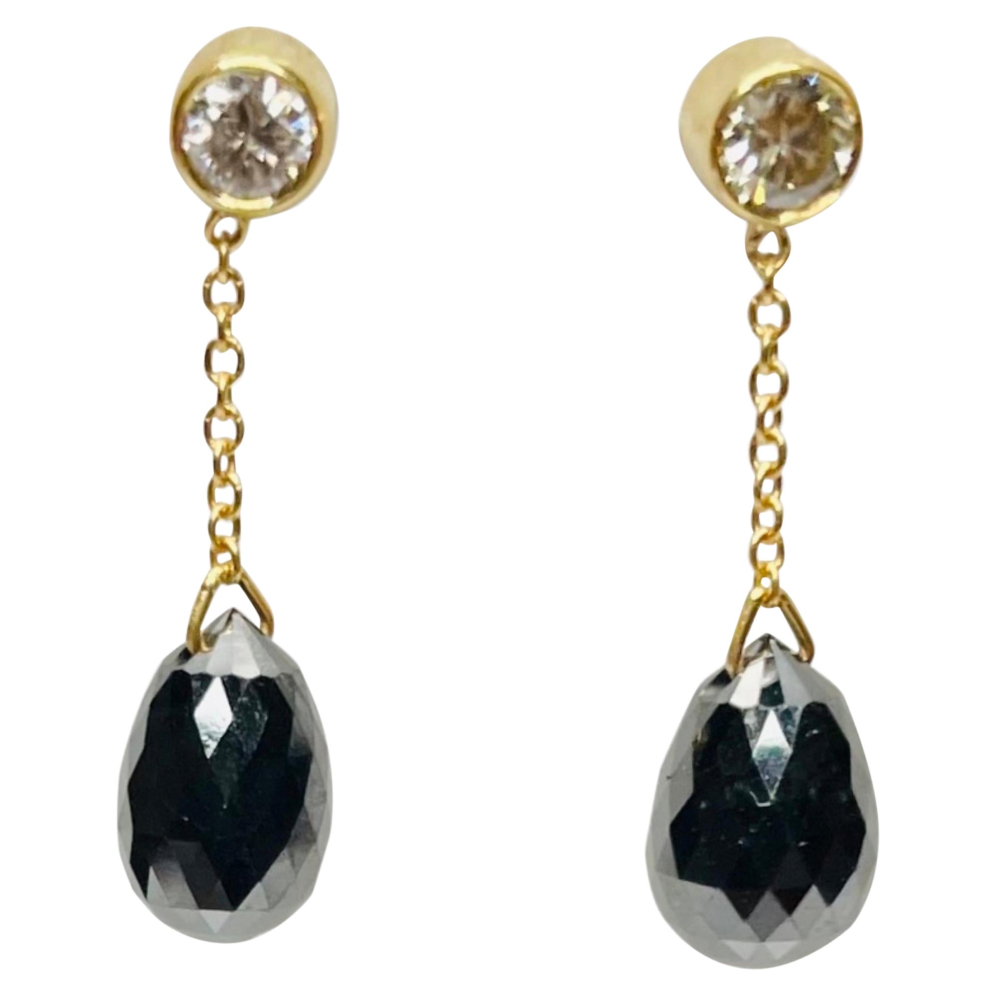 Lithos 18KY Gold Black Briolettes & White Diamond Earrings