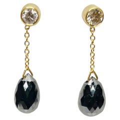 Lithos 18KY Gold Black Briolettes & White Diamond Earrings