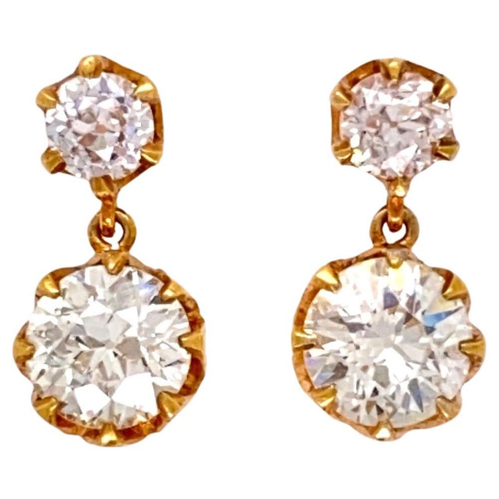 Diamond Double Drop Victorian Revival Gold Earrings Fine Estate Jewelry