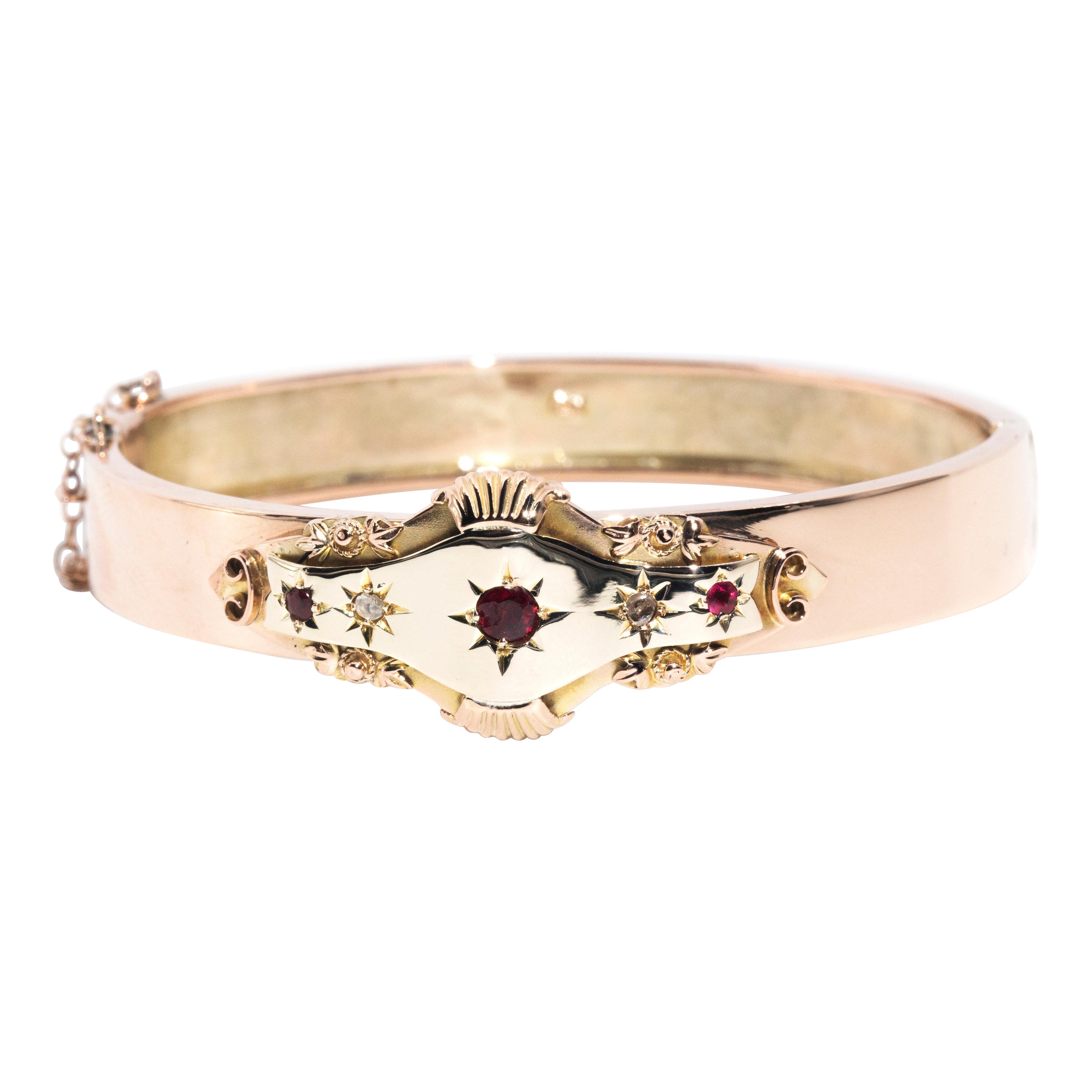 Edwardian Antique Circa 1900s Garnet and Diamond 9 Carat Rose Gold Bangle