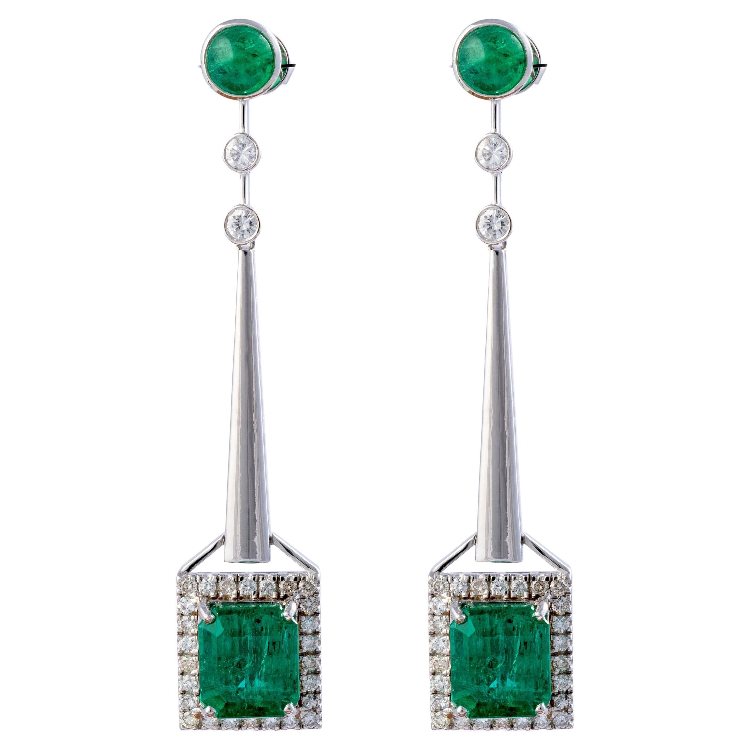 10.52 Carats Natural Zambian Emerald Earrings with 1.32 Diamonds and 14k Goldol For Sale