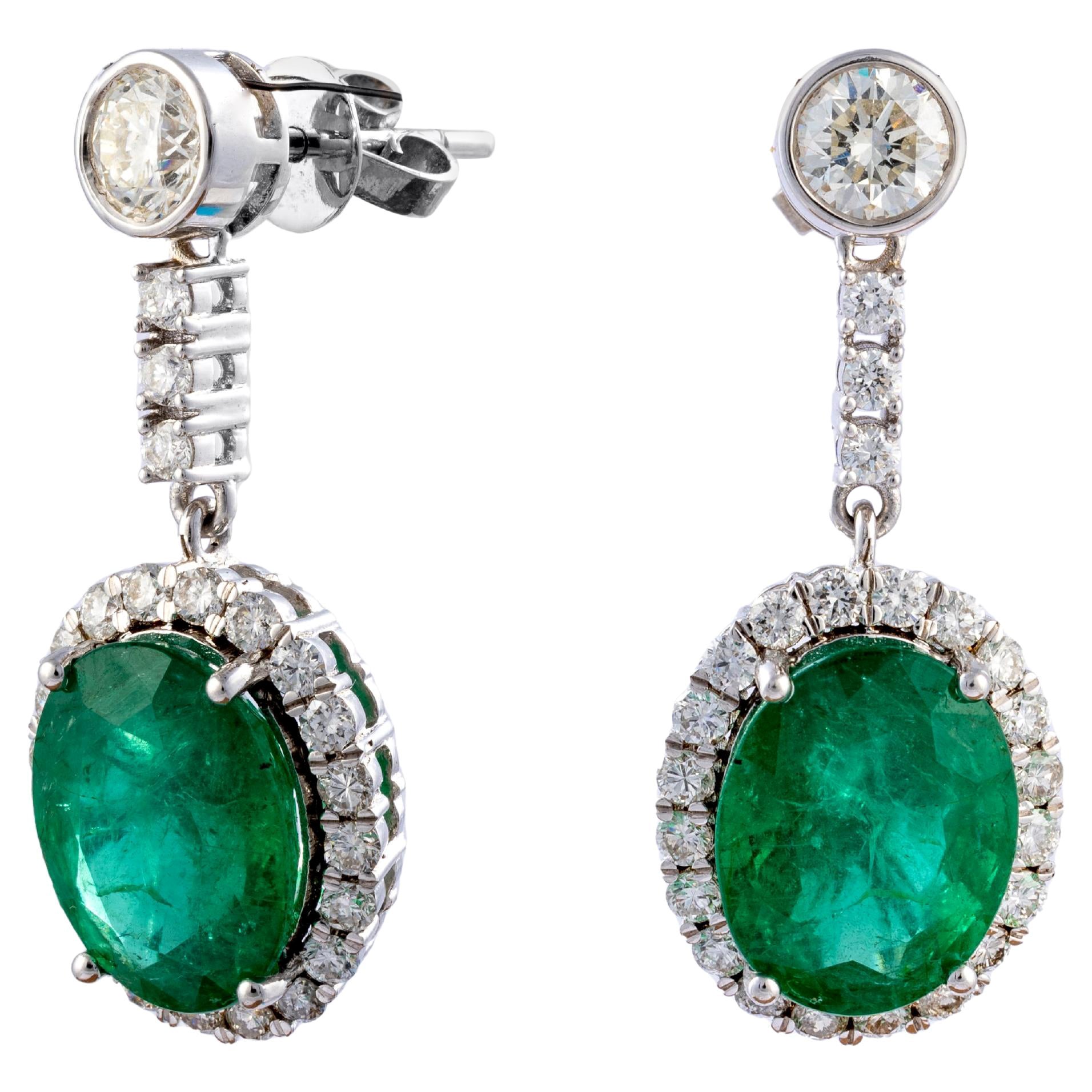 9.65 carats Natural Zambian Emerald Earring with 2.42 cts diamond and 14k Gold For Sale