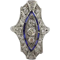 Art Deco Sapphire Diamond Platinum Euro Cut Ring