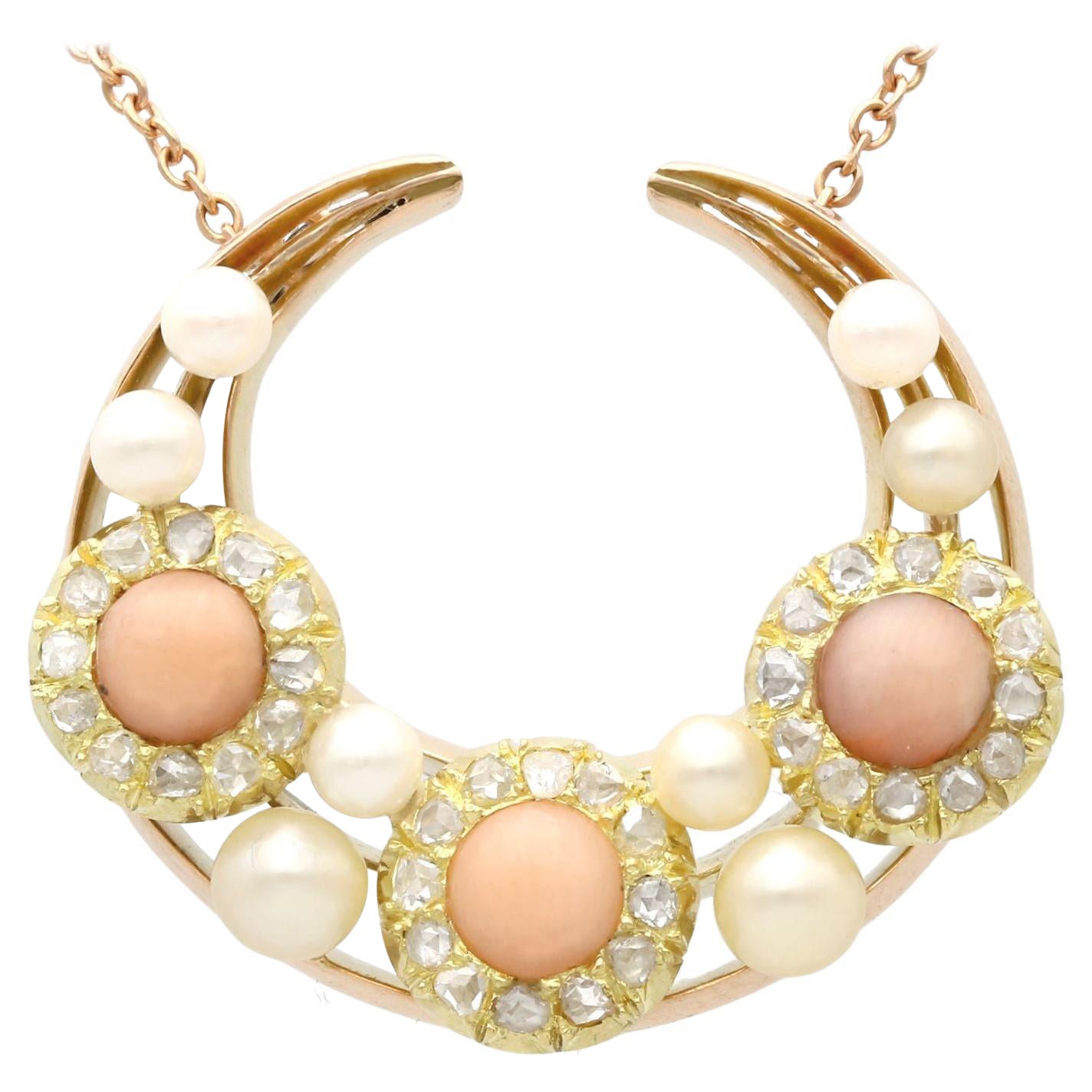 Antique Victorian Diamond and Coral, Pearl and Yellow Gold Necklace, Circa 1880 For Sale