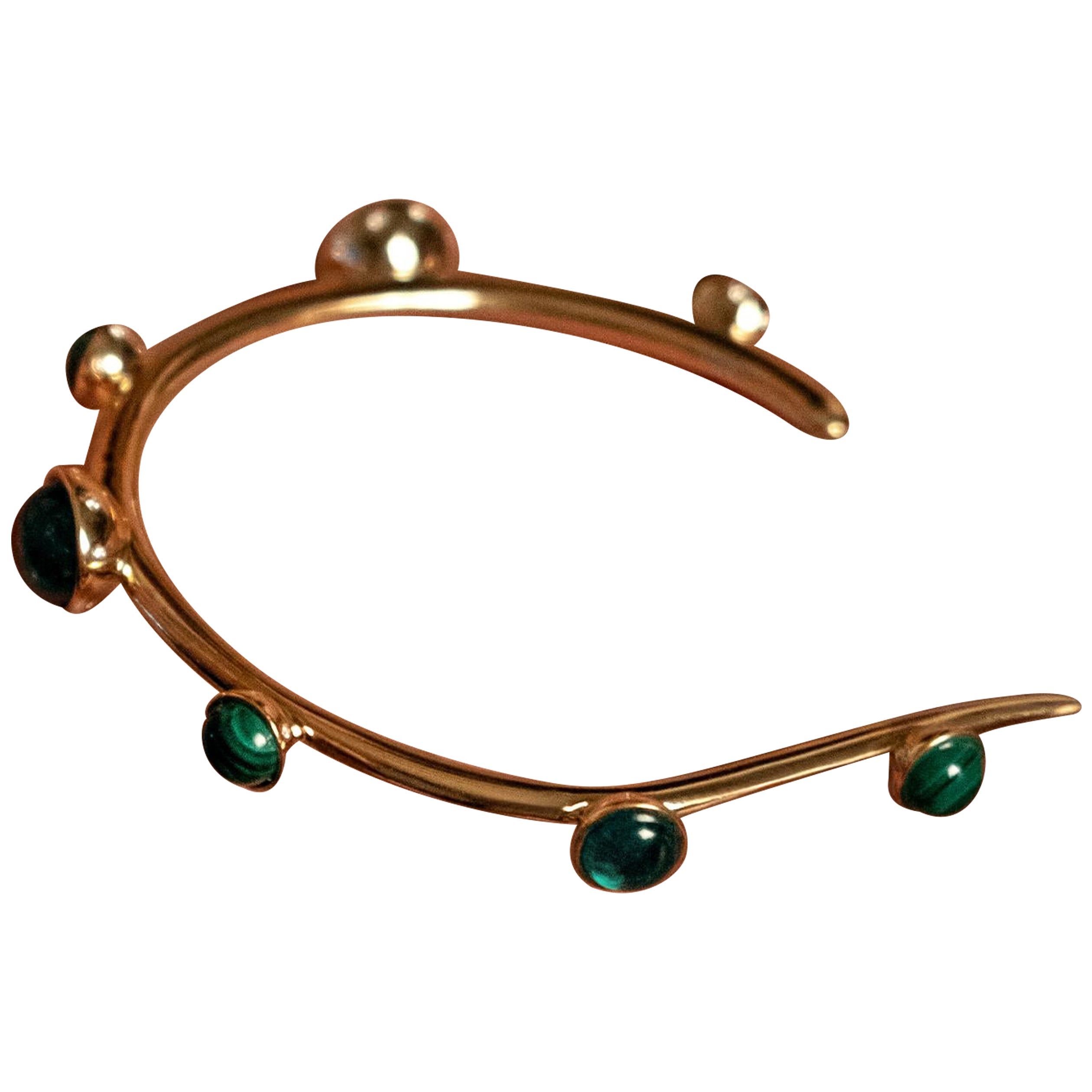 Staple Cuff in 18k Gold with Emerald and Malachite Cabochons & Diamonds For Sale