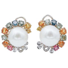 South-Sea Pearls, Multicolor Sapphires, Diamonds, 14Kt Rose and White Gold Earrings