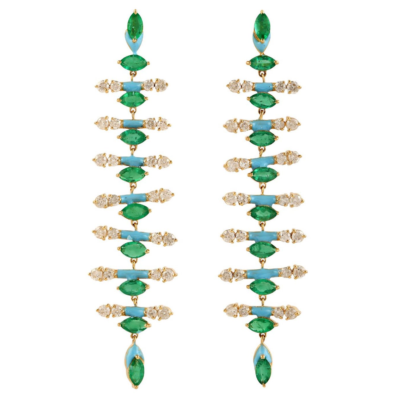 2.85 Carats Zambian Emerald Diamond 14 Karat Gold Linear Earrings For Sale