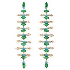 2.85 Carats Zambian Emerald Diamond 14 Karat Gold Linear Earrings