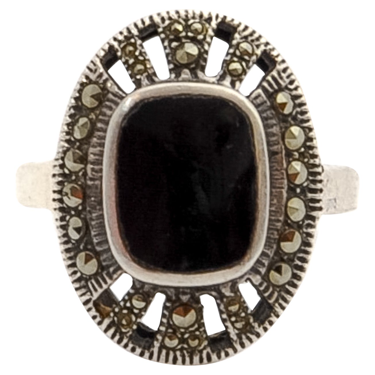 Art Deco Marcasite and Onyx Sterling Silver Oval Ring