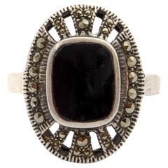 Art Deco Marcasite and Onyx Sterling Silver Oval Ring