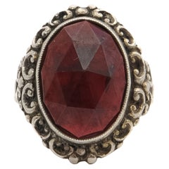 Retro Garnet and Silver Chased Oval Ring