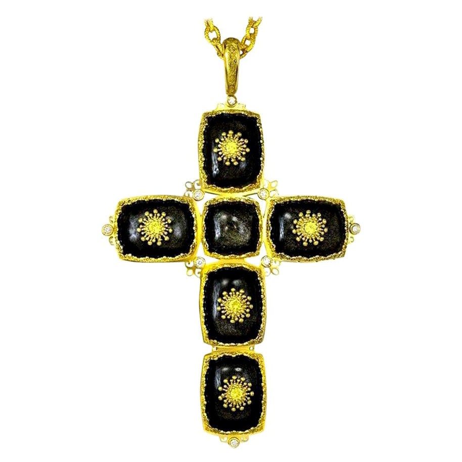 Alex Soldier Gold Cross Sapphire Diamond Obsidian Necklace Pendant One of a Kind For Sale
