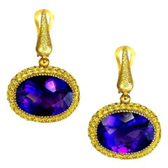 Alex Soldier Amethyst Sapphire Gold Drop Textured Earrings One of a Kind