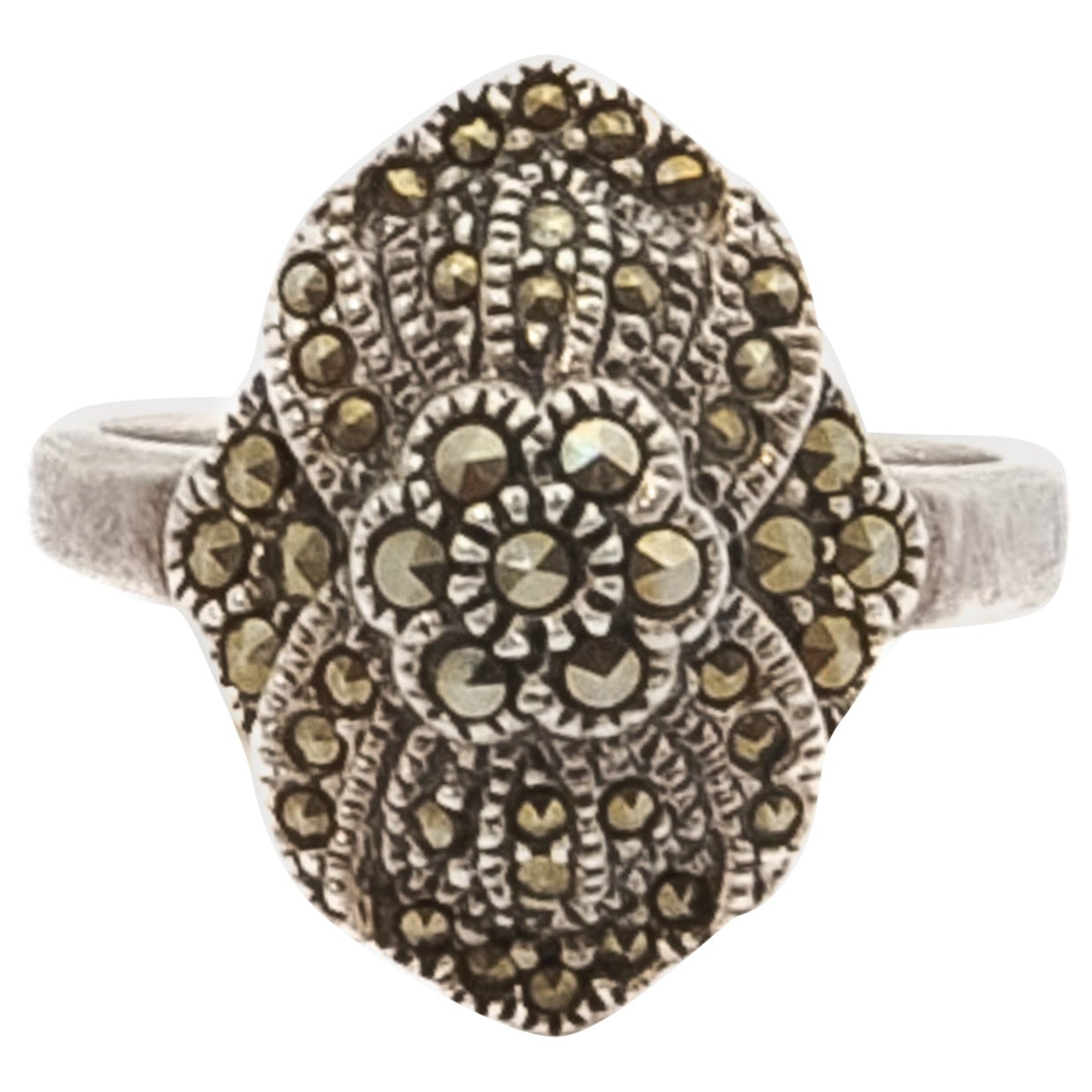 Art Deco Sterling Silver and Marcasite Flower Ring For Sale