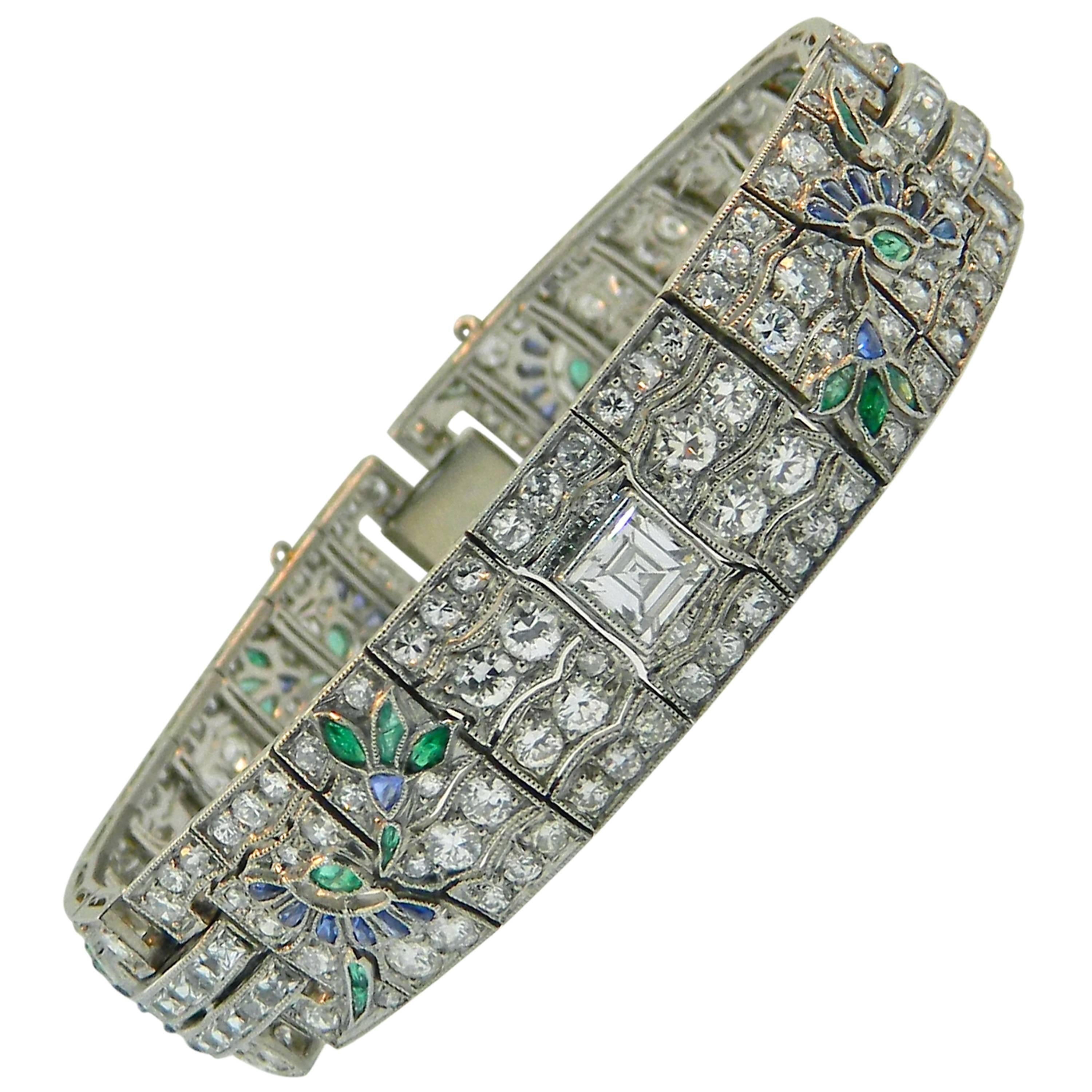 1920s Art Deco  Sapphire Emerald Diamond Platinum Bracelet For Sale