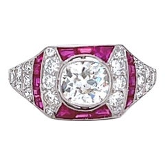 Art Deco Inspired 0.84 Carat Old Mine Cut Diamond Ruby Platinum Ring