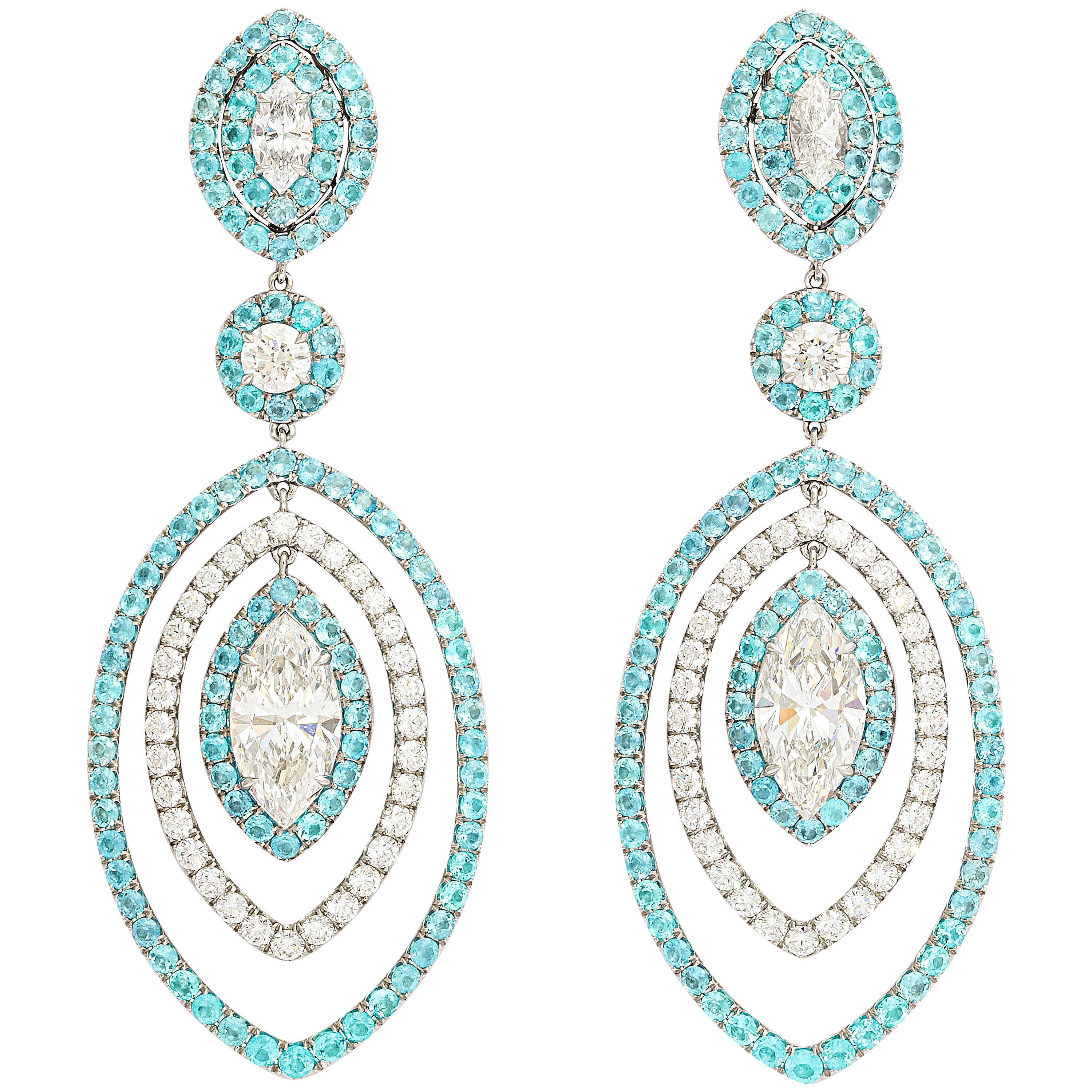 Extraordinary Paraiba Tourmaline Diamond Platinum Earrings