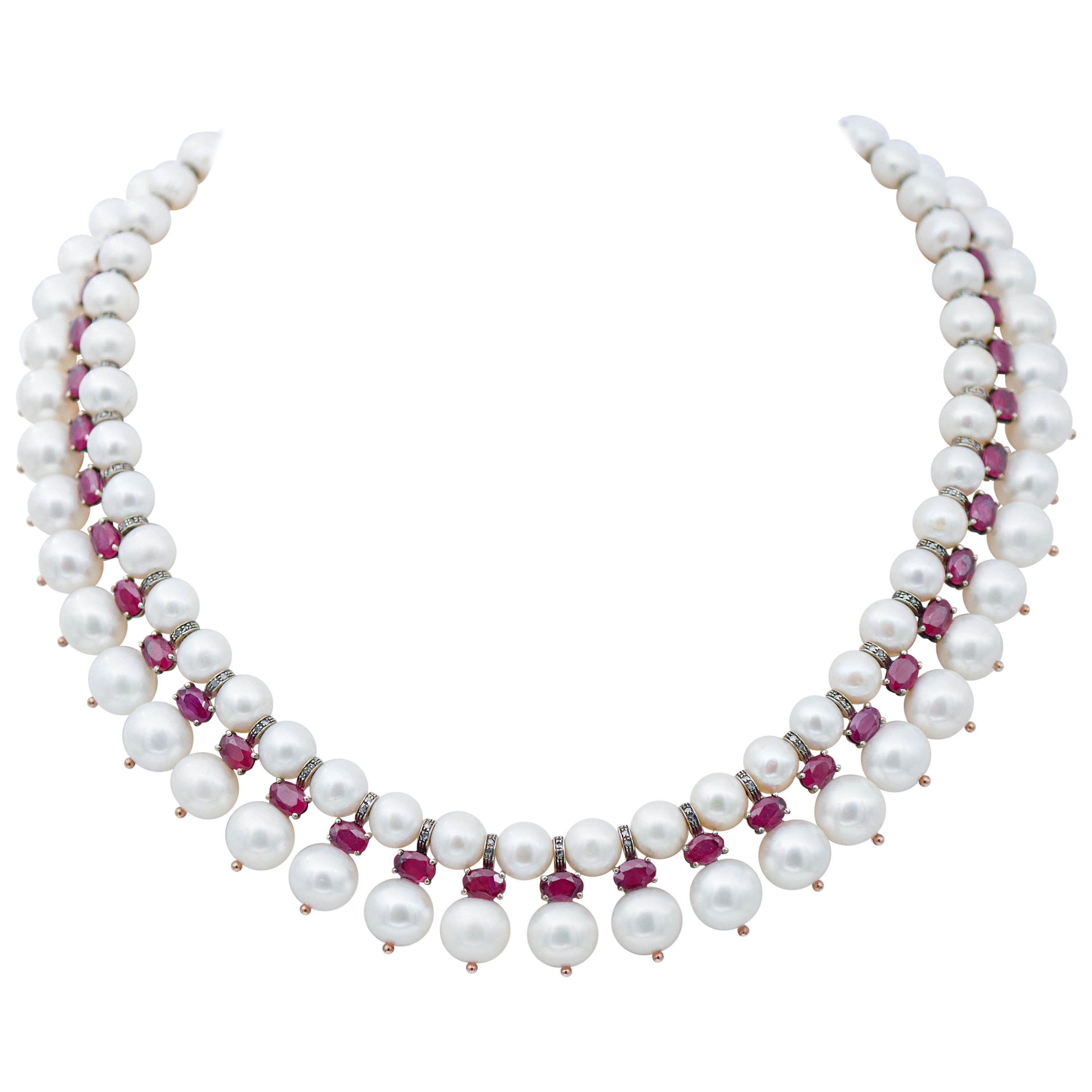 Diamonds, Rubies, White Pearls, Rose Gold and Silver Retrò Necklace