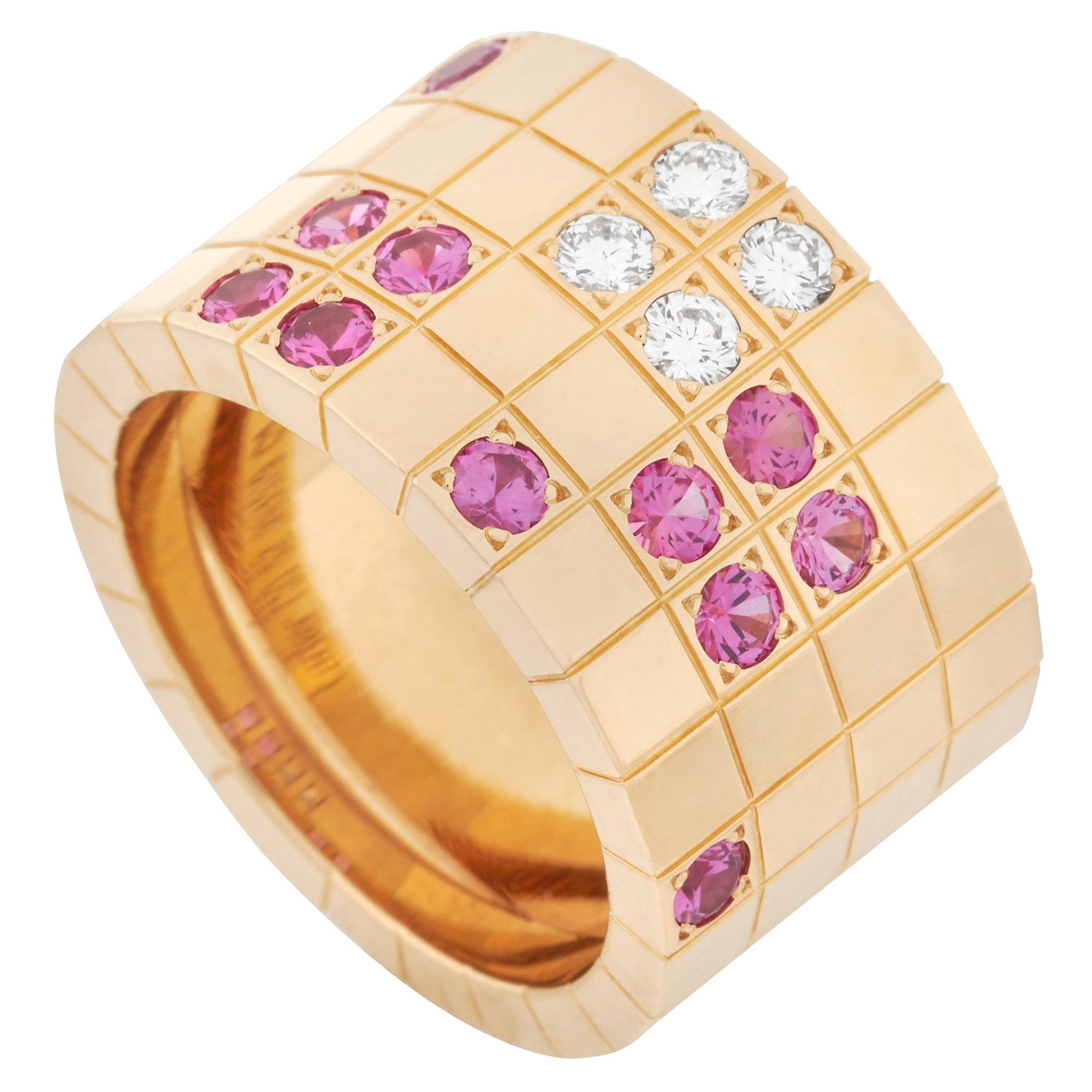 Cartier 18 Karat Rose Gold Lanieres Diamond and Pink Sapphire Wide Band Ring