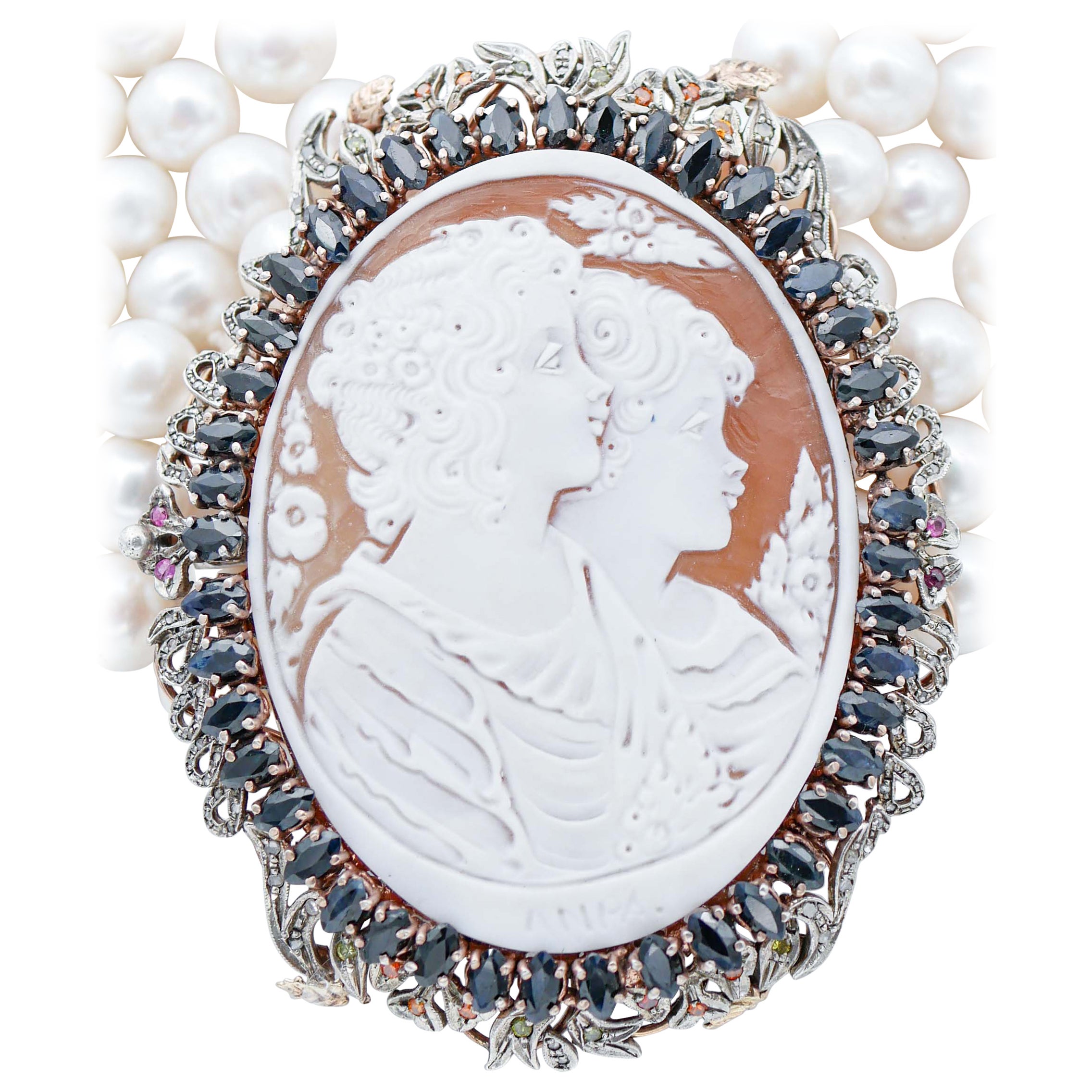 Perlas, Camafeo, Zafiros, Rubíes, Diamantes, Piedras, Collar de Oro y Plata