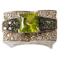 Green and White Diamonds Wiht Tsavorite Center Stone in 18 Karat White Gold Ring