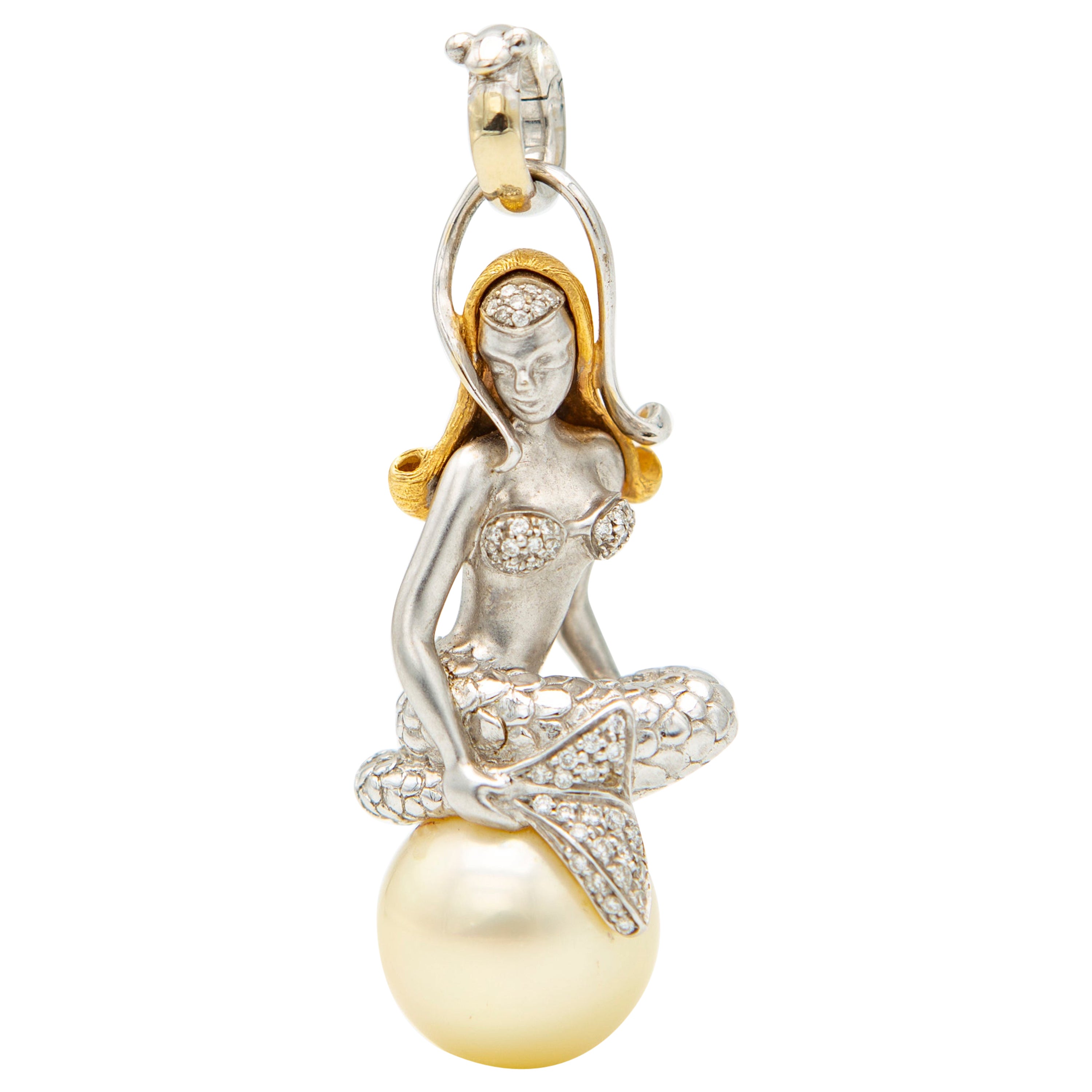 18kt White and Rose Gold Mermaid Pendant with Gold Australian Pearl and Diamonds For Sale