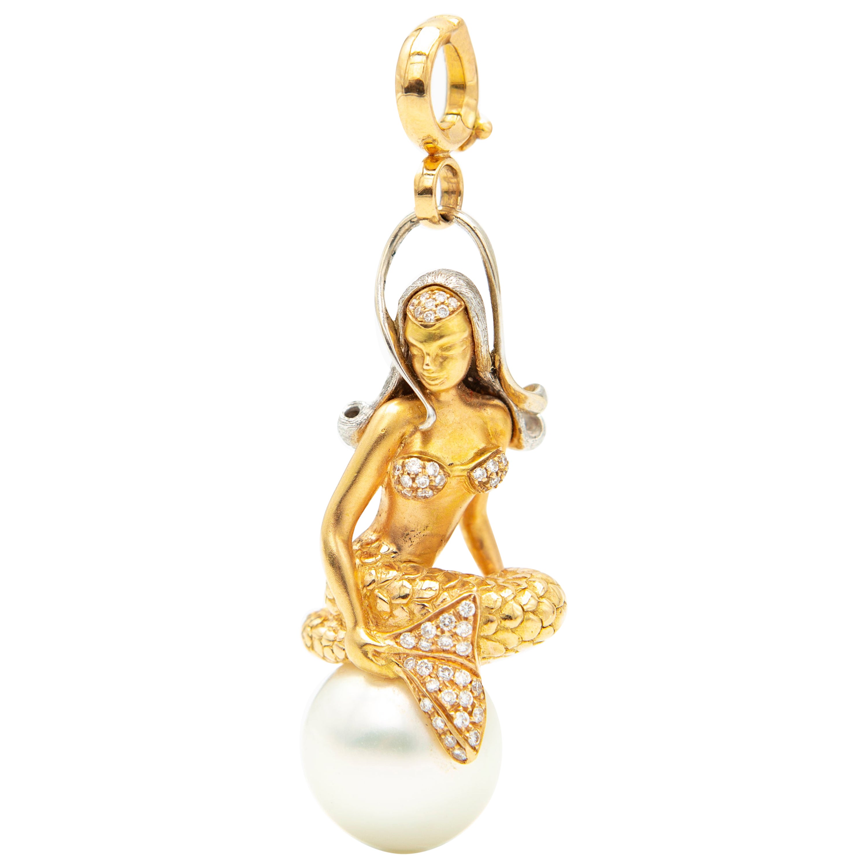 18kt White and Rose Gold Mermaid Pendant with Australian Pearl and Diamonds For Sale