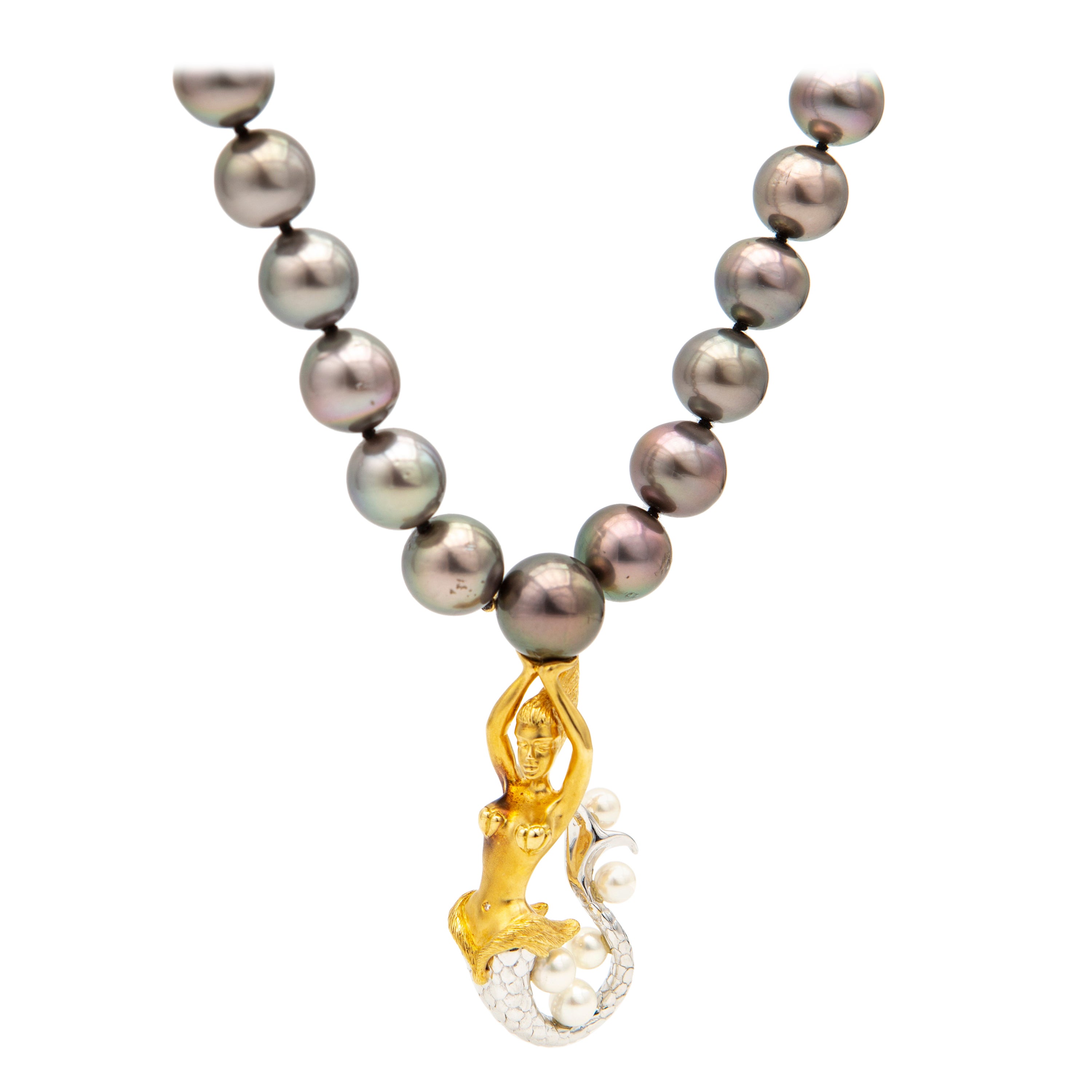 18kt White and Rose Gold Mermaid Pendant Necklace with Tahiti and Akoya Pearls For Sale