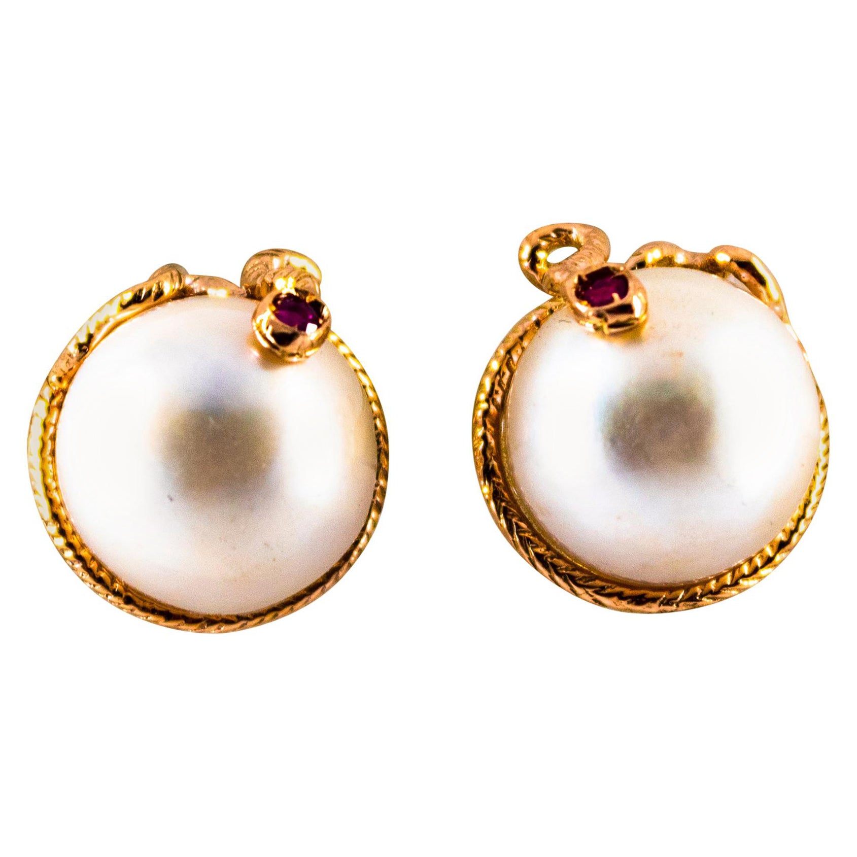 Art Nouveau 0.12 Carat Ruby Mabe Pearl Yellow Gold Clip-On Dangle Snake Earrings For Sale