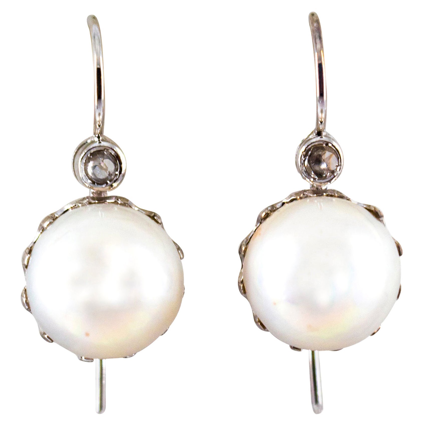 Art Deco Style White Rose Cut Diamond Mabe Pearl White Gold Lever-Back Earrings