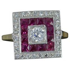 Art Deco 18ct Gold Platinum Diamond and French Cut Ruby Square Cluster Ring