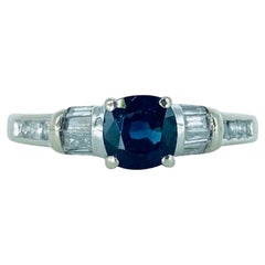 Retro Blue Sapphire and Diamonds Ring 14k White Gold