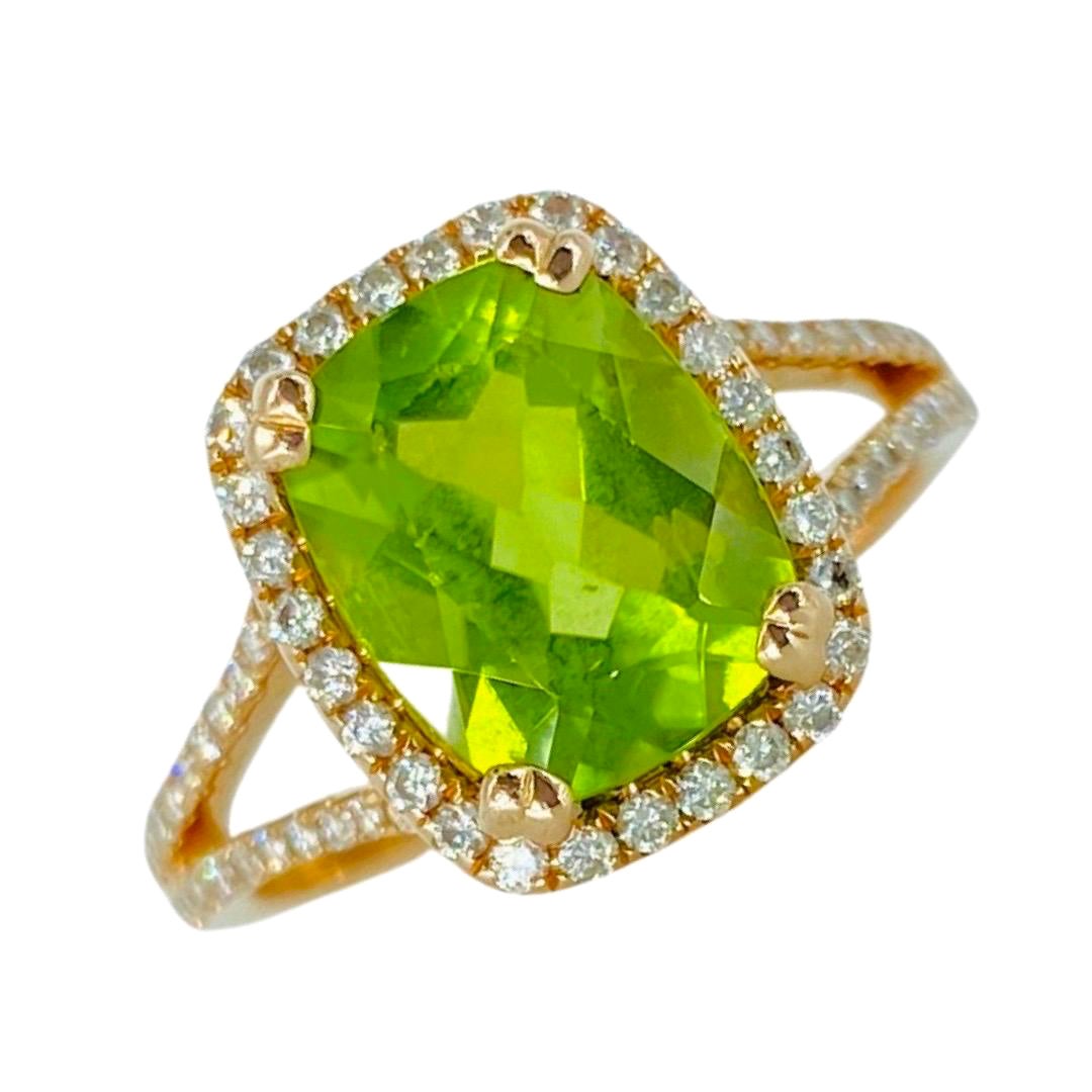 3.80 Carat Peridot and 0.50 Carat Diamonds 14k Rose Gold Halo Engagement Ring