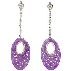 Carved Purple Jade White Gold Dangle Earrings 9