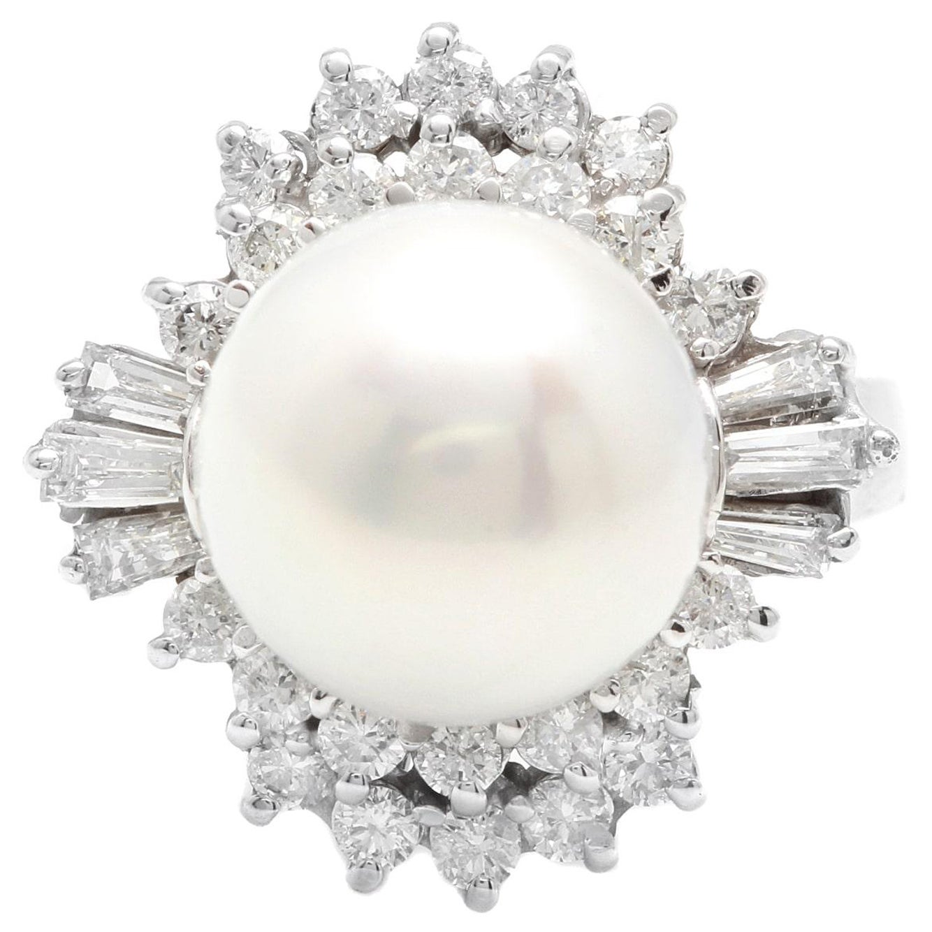 Splendid Natural Cultured Pearl and Diamond 14K Solid White Gold Ring